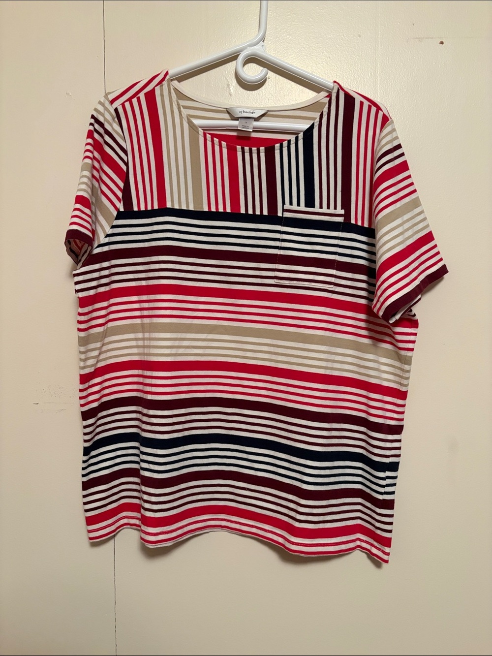 CJ Banks Striped Pocket Tee in Red, Navy, Cream